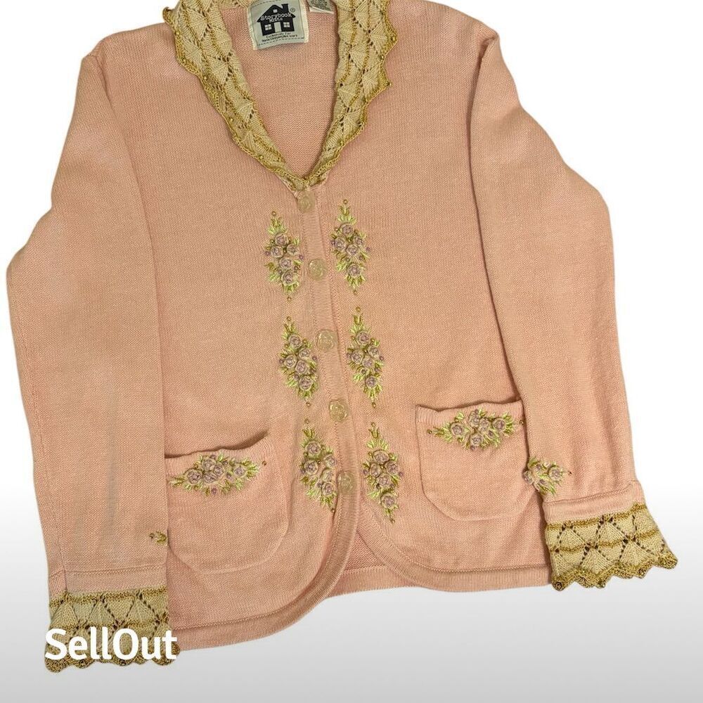Vintage Storybook Knits Pink Floral Cardigan Sweater Women's XS